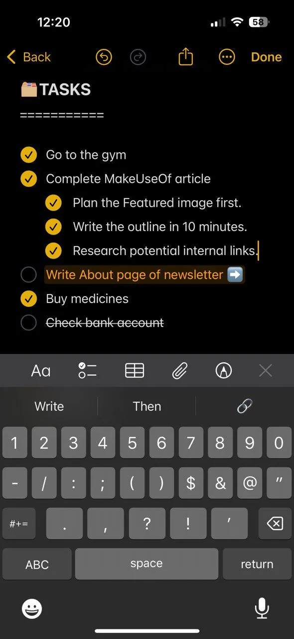 Ví dụ về ghi chú hàng ngày trong Bullet Journal trên Apple Notes với các nhiệm vụ được đánh dấu hoàn thành.