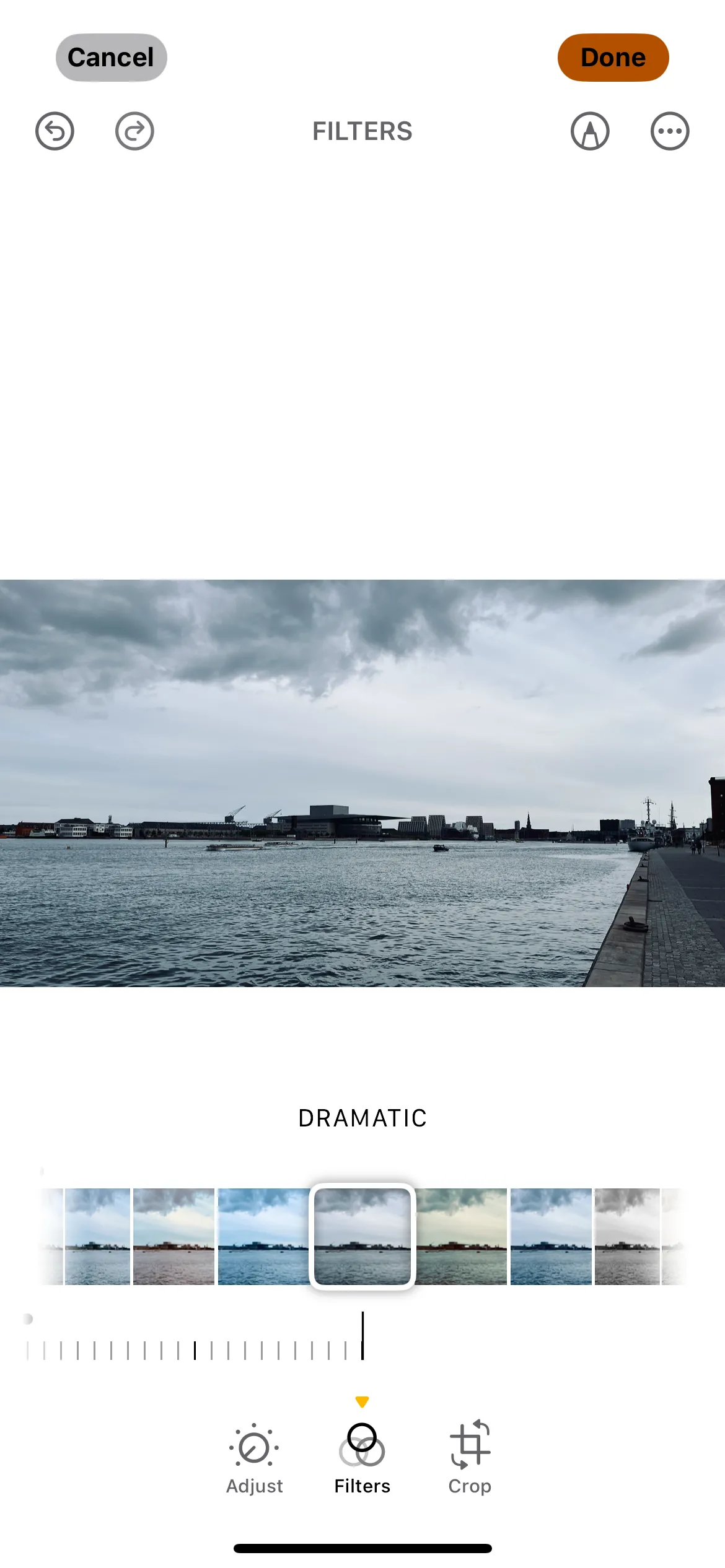 Ví dụ về việc sử dụng bộ lọc Dramatic trong ứng dụng Ảnh trên iPhone.