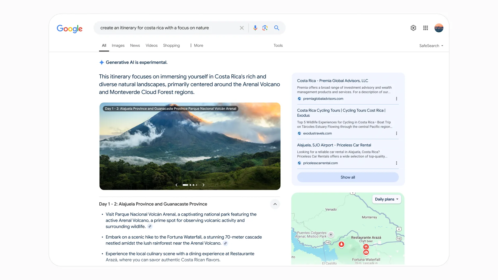 Ví dụ về ý tưởng lịch trình du lịch tự động tạo bởi AI Overviews của Google Search với chi tiết từng ngày và hình ảnh