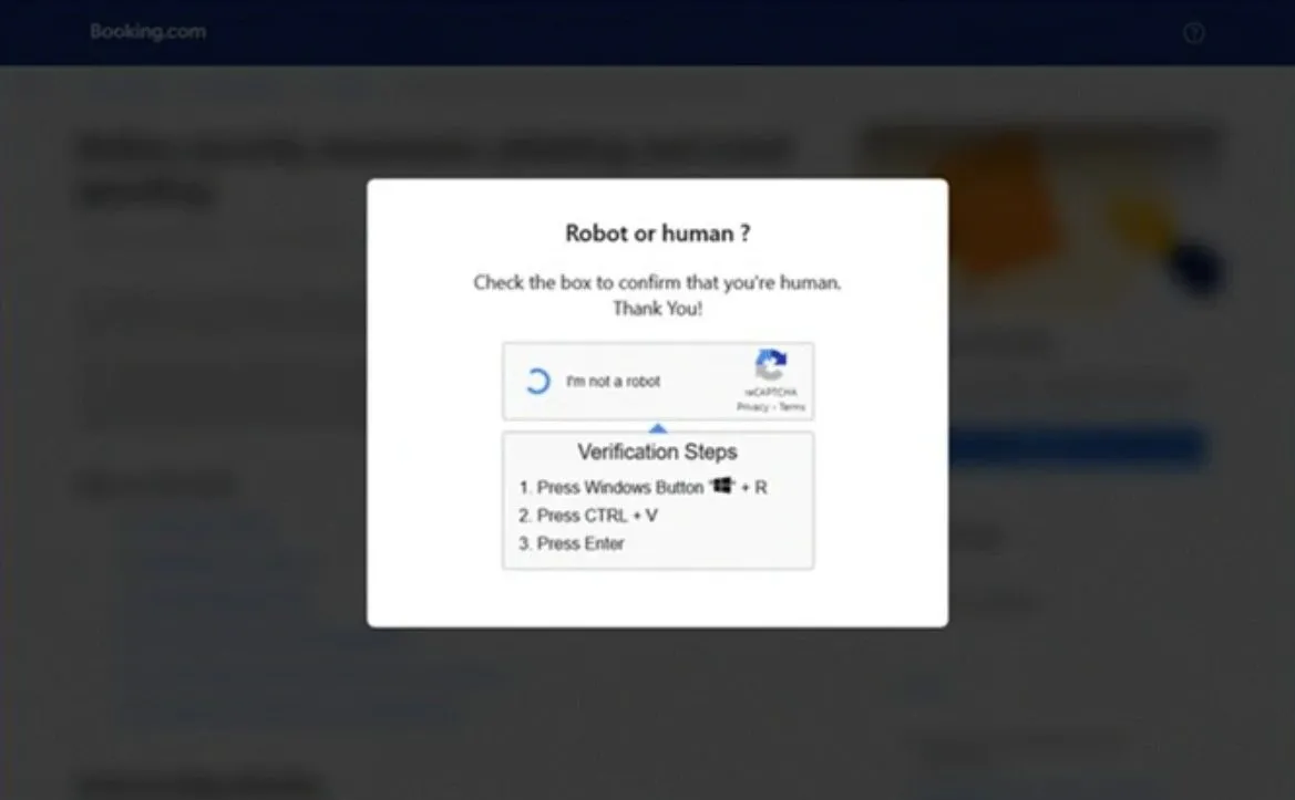 Ví dụ website lừa đảo Booking.com yêu cầu CAPTCHA và lệnh độc hại