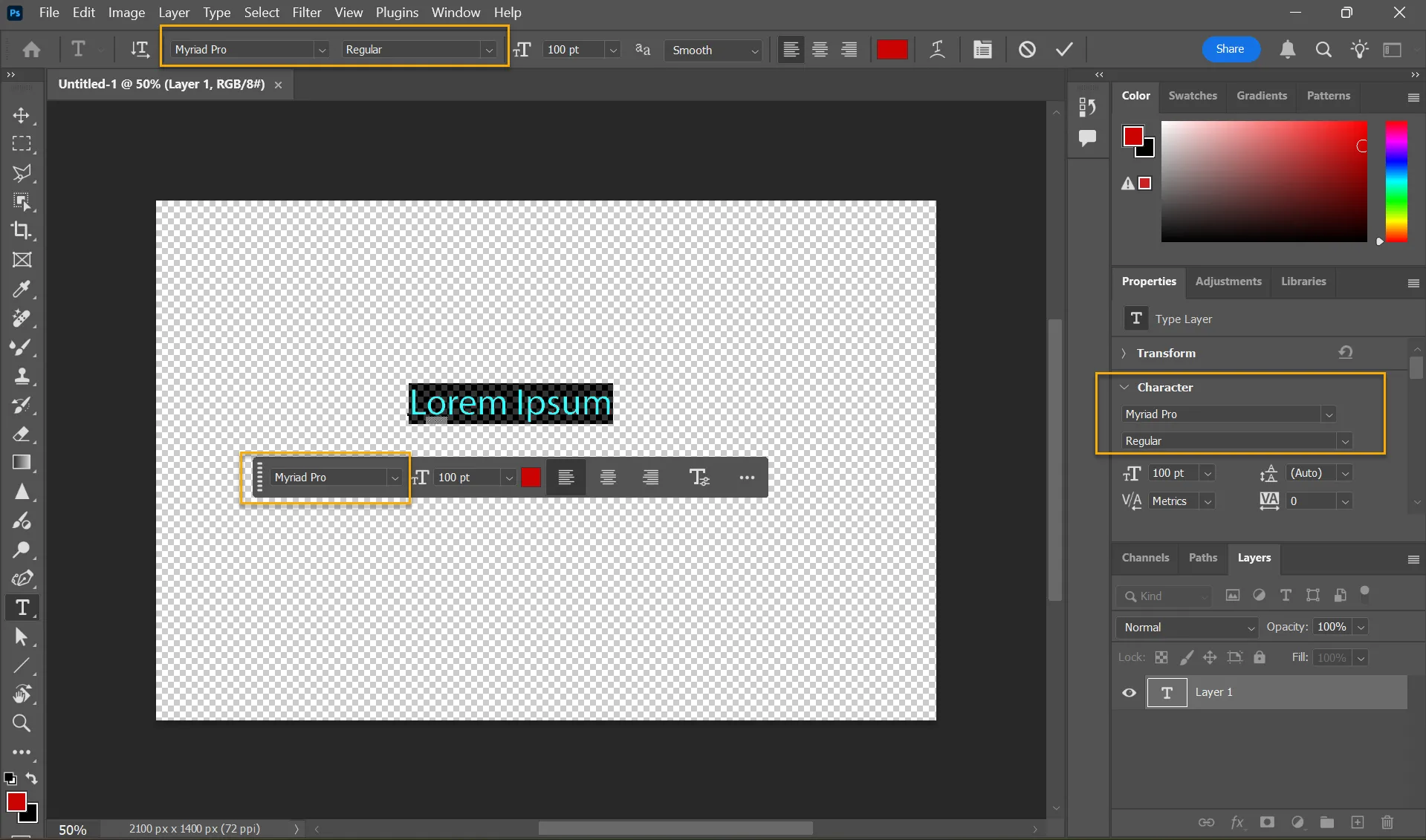 Vị trí của Font Browser trong thanh tùy chọn, thanh tác vụ ngữ cảnh và bảng thuộc tính của Photoshop