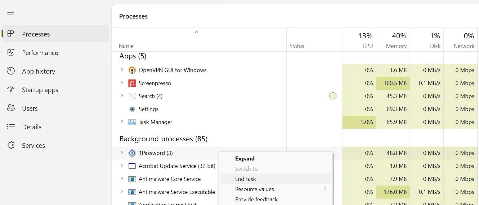 Vô hiệu hóa một tiến trình chạy nền trong Trình quản lý Tác vụ của Windows