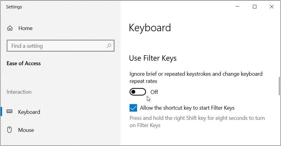 Vô hiệu hóa tính năng Filter Keys trong cài đặt bàn phím Windows 10.