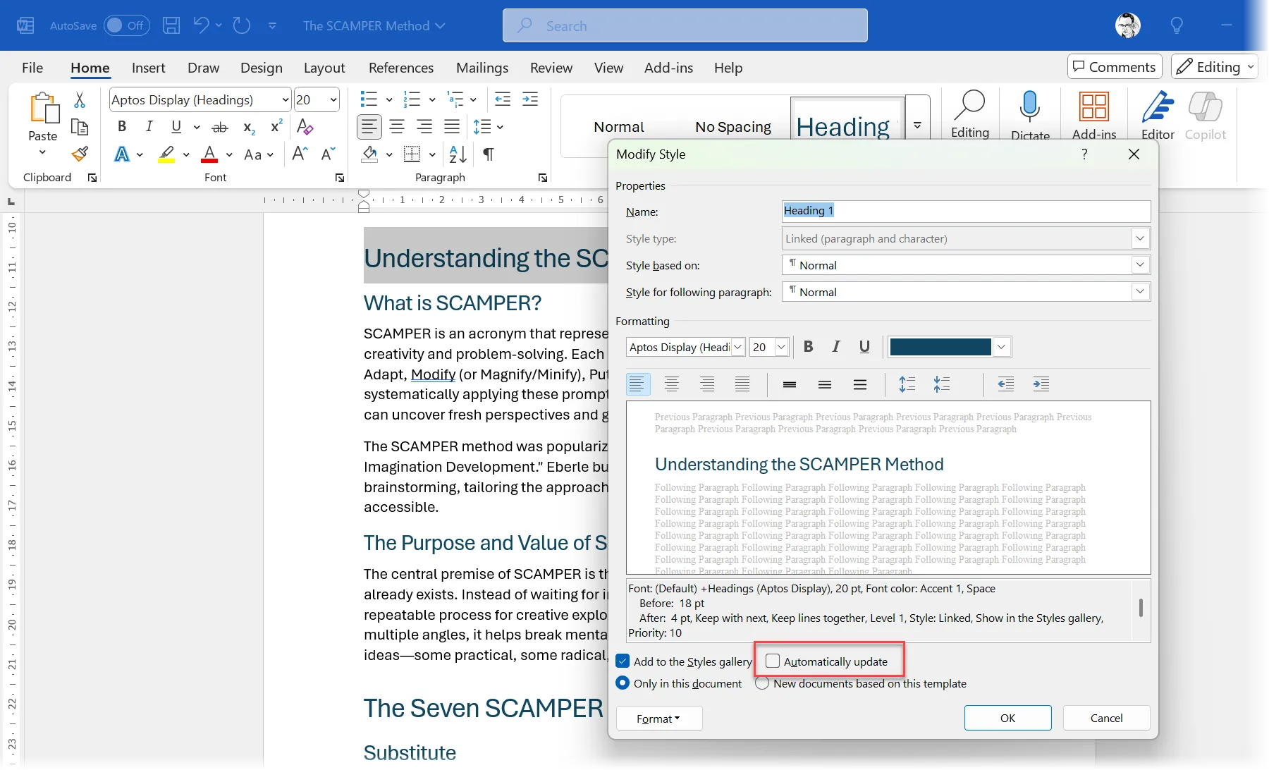 Vô hiệu hóa tùy chọn Tự động cập nhật (Automatically update) trong thiết lập Style của Microsoft Word