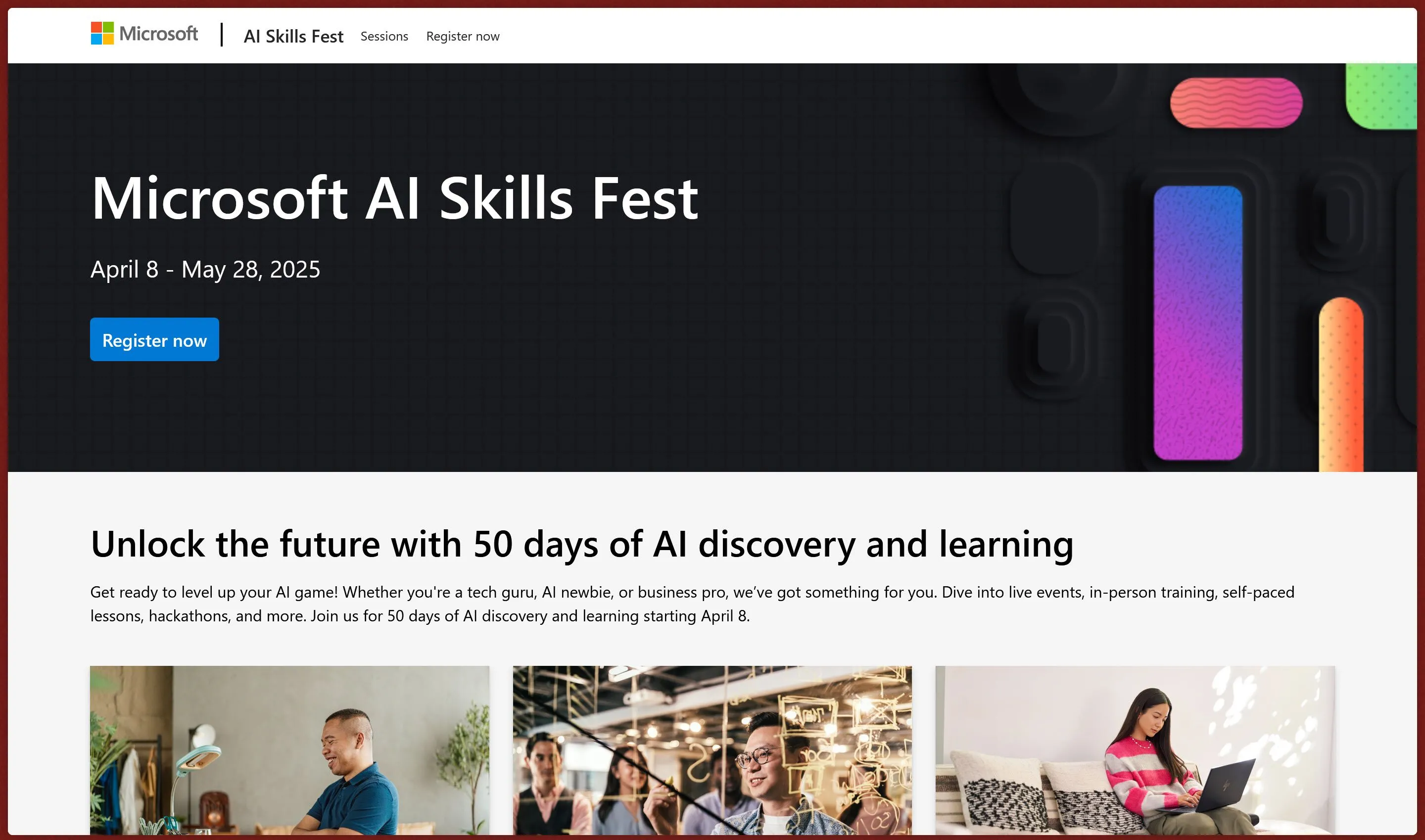 Website chính thức của Microsoft AI Skills Fest 2025 hiển thị các khóa học AI miễn phí và thông tin sự kiện.