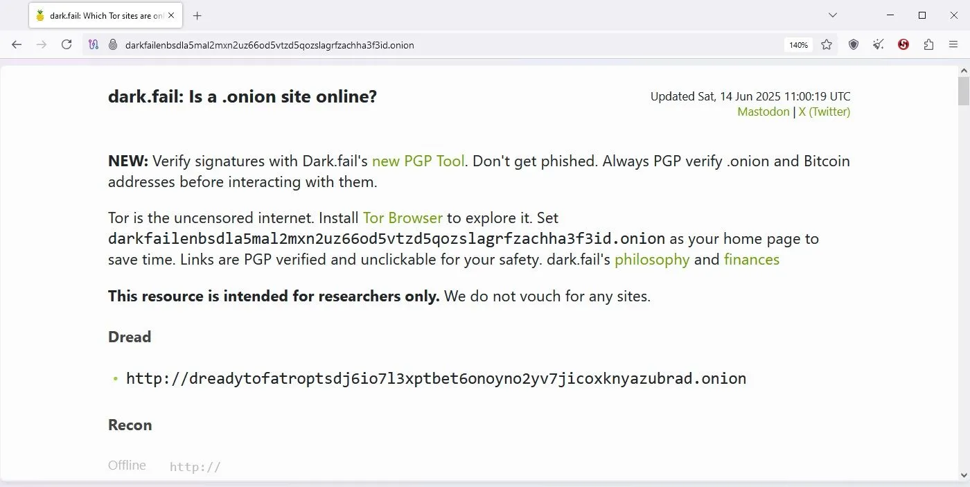 website DarkFail hiển thị trong trình duyệt Tor