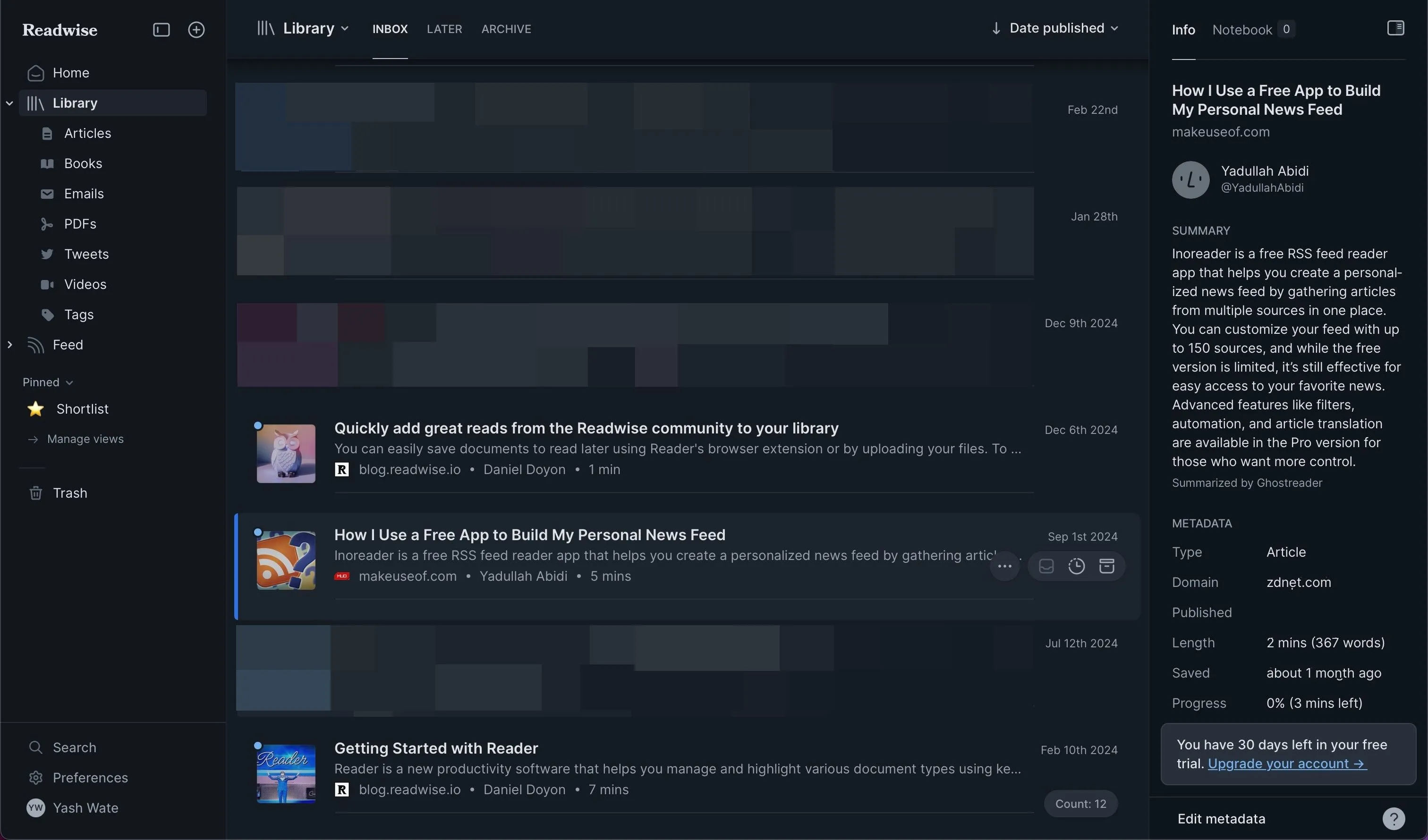 Website Readwise Reader mở trên Safari máy Mac, hiển thị khả năng đọc và chú thích đa dạng các loại nội dung từ bài viết đến podcast và video.