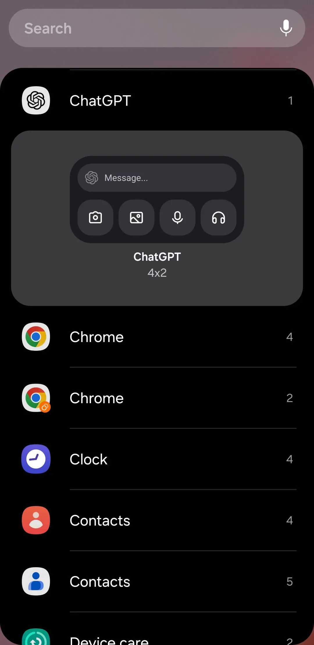 Widget ChatGPT trên điện thoại Android, cung cấp các tùy chọn nhập liệu văn bản, giọng nói và hình ảnh