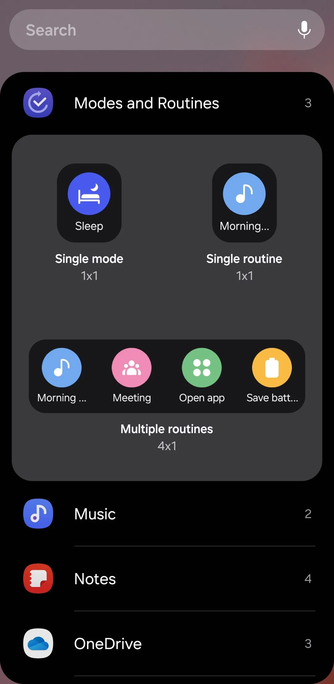 Widget Chế độ và Quy trình (Modes and Routines) trên Android, cho phép kích hoạt các cài đặt tự động