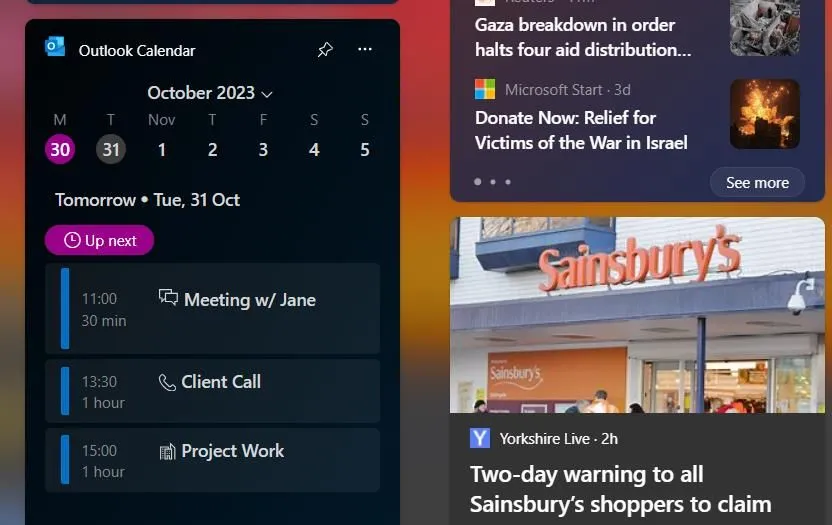 Widget Lịch Outlook trên Windows 11 hiển thị các cuộc hẹn và sự kiện sắp tới