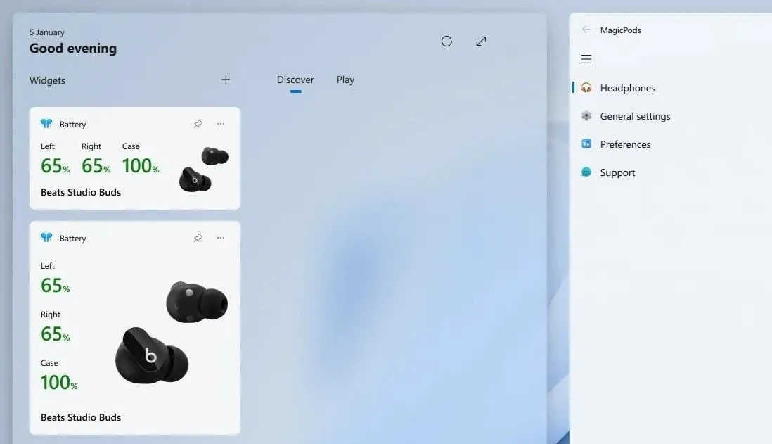 Widget MagicPods trên Windows 11 hiển thị mức pin tai nghe Bluetooth và hộp sạc