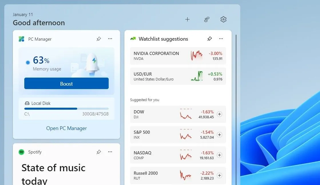 Widget PC Manager trên Windows 11 hiển thị mức sử dụng RAM và tùy chọn giải phóng bộ nhớ