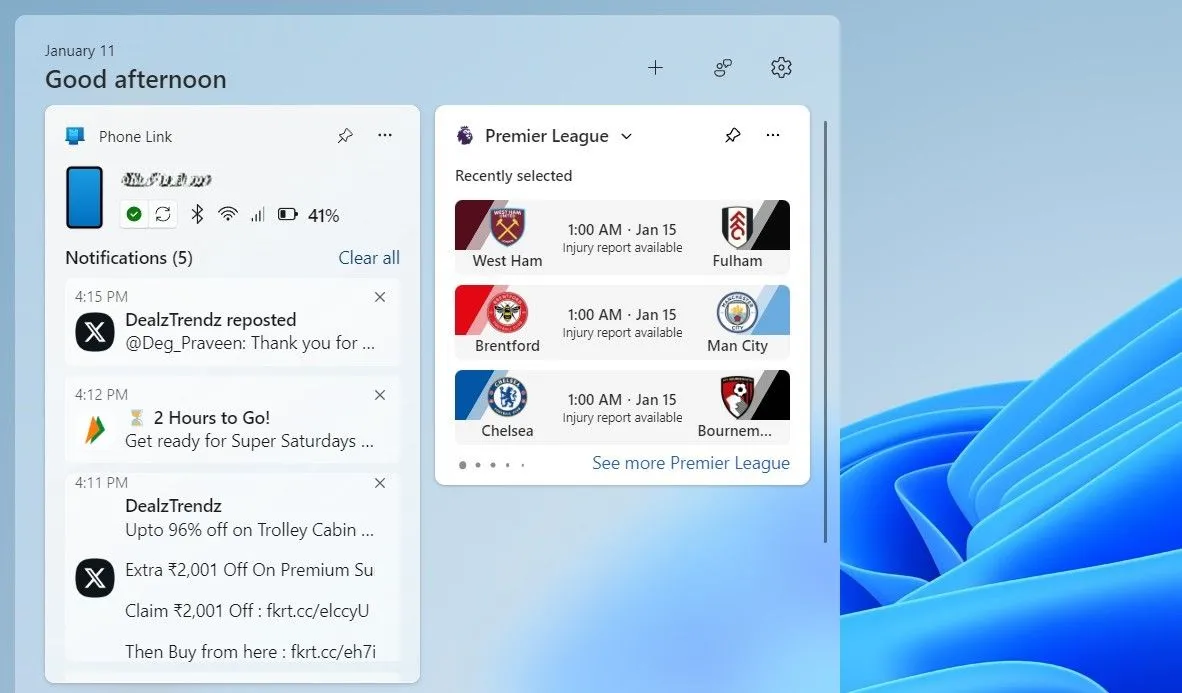 Widget Phone Link trên bảng điều khiển Windows 11 hiển thị trạng thái pin và thông báo từ điện thoại