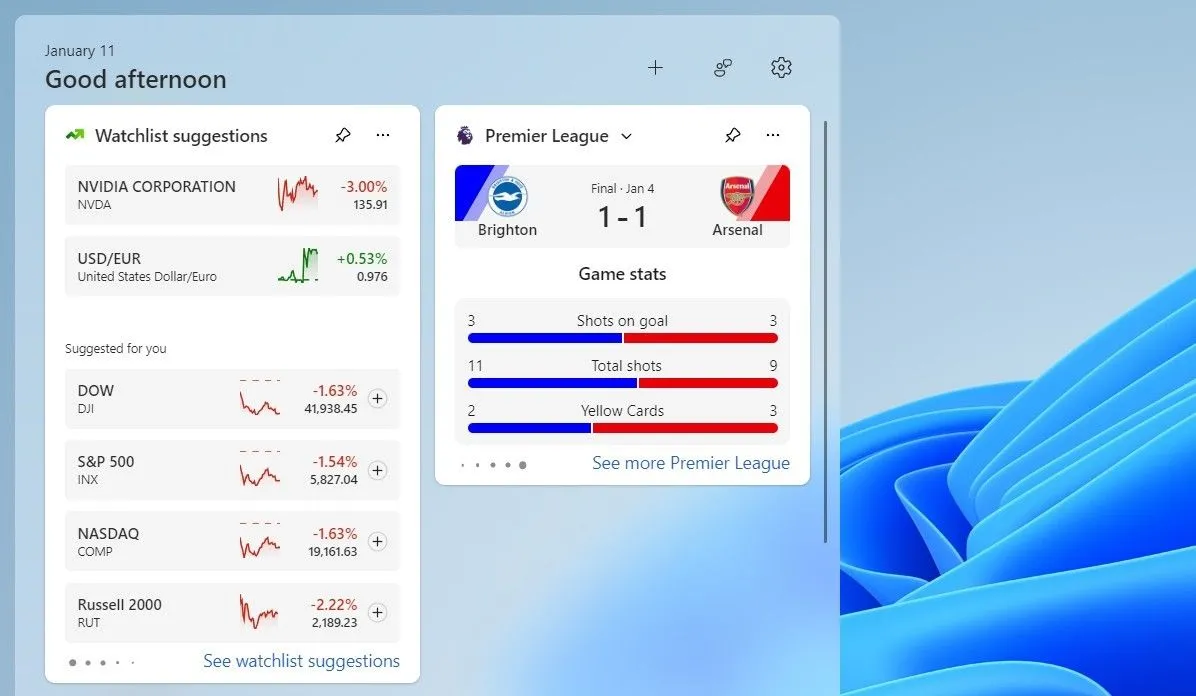 Widget Sports trên Windows 11 hiển thị tỉ số trận đấu bóng đá và lịch thi đấu