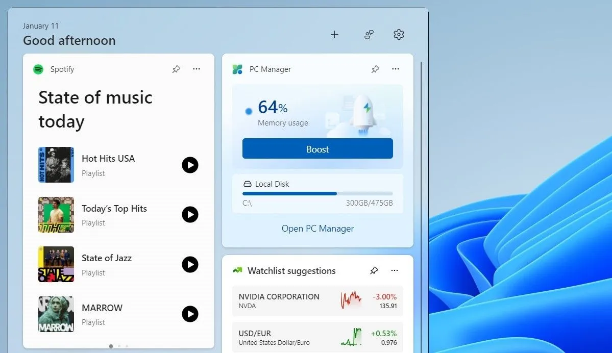 Widget Spotify trên Windows 11 cho phép chuyển đổi danh sách phát nhạc nhanh chóng