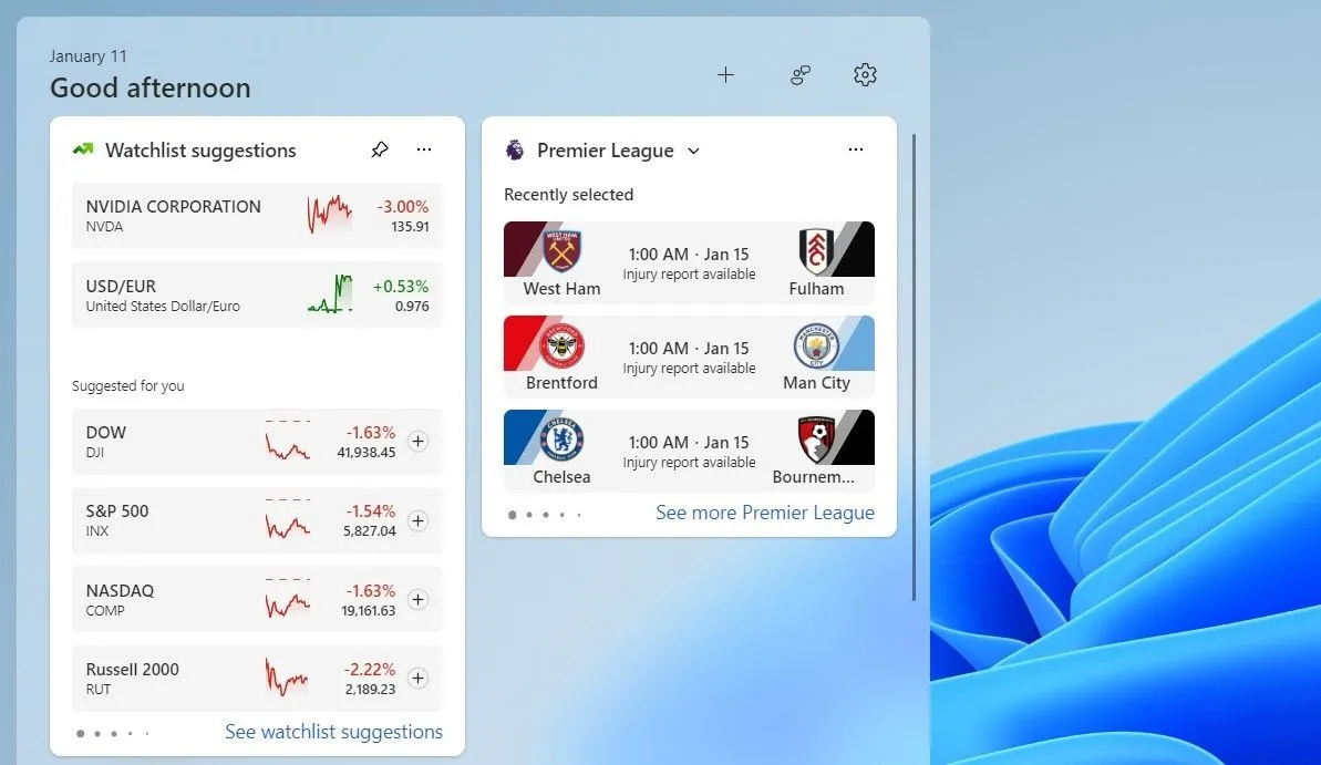 Widget Watchlist trên Windows 11 hiển thị giá cổ phiếu và tỷ giá tiền tệ cập nhật