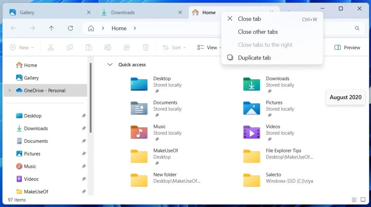 Windows 11 File Explorer hiển thị các tab và cấu trúc tổ chức dạng cây