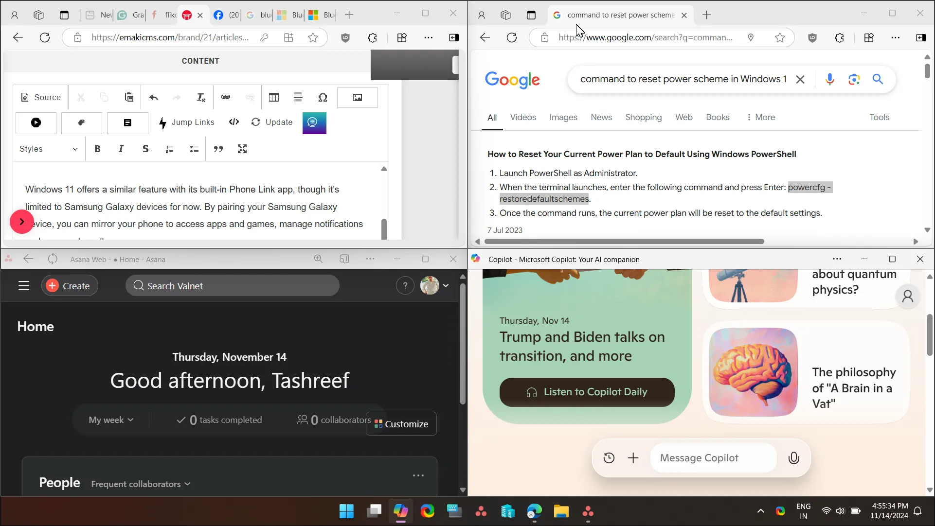 Windows 11 Snap Layouts với bốn cửa sổ ứng dụng được sắp xếp gọn gàng