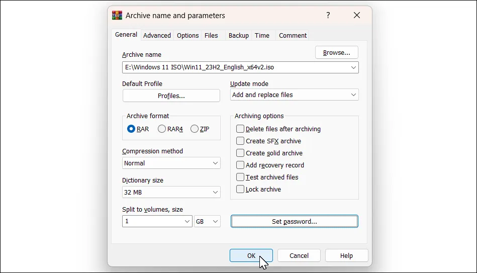WinRAR add archive dialog open in Windows 11