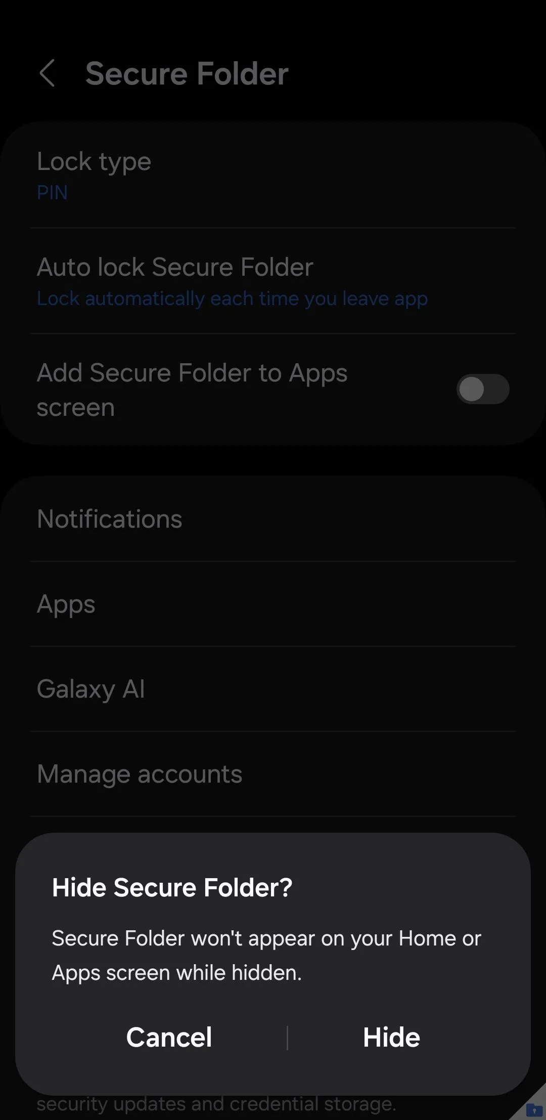 Xác nhận ẩn biểu tượng Secure Folder khỏi màn hình ứng dụng trên điện thoại Samsung