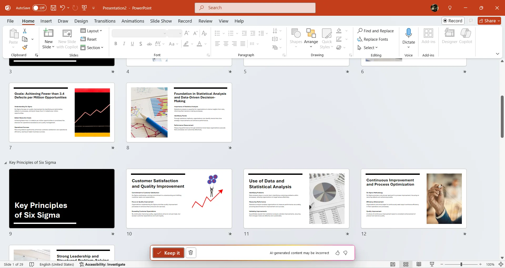 Xác nhận và chèn các slide được tạo bởi Copilot vào bản thuyết trình PowerPoint.