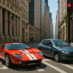 Xe Ford GT 2006 và Peugeot 206 đỗ cạnh nhau tại đèn giao thông