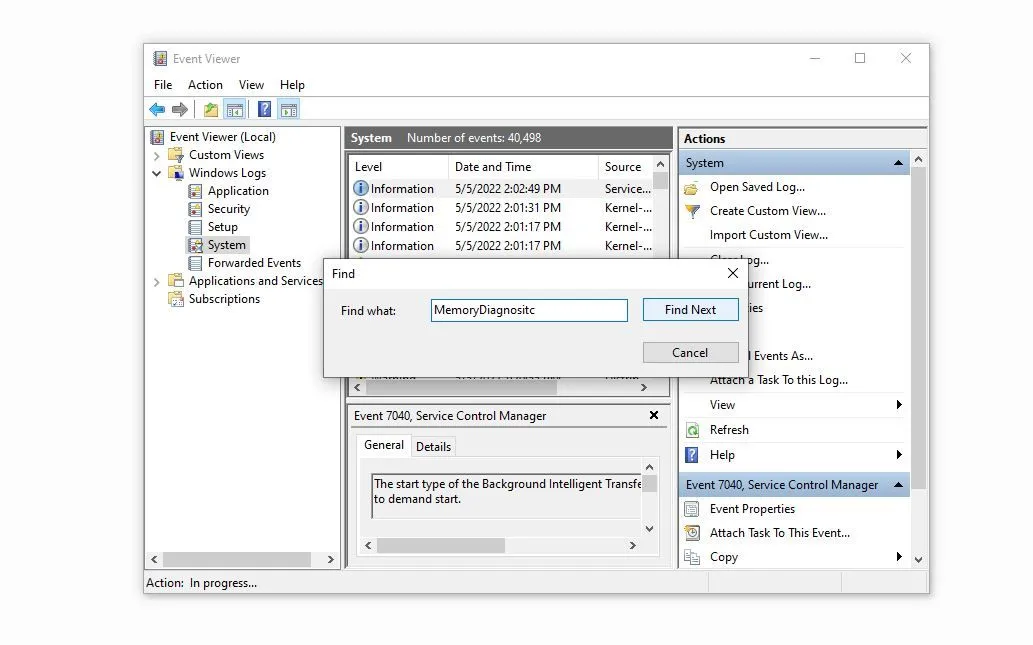 Xem kết quả kiểm tra RAM bằng Windows Memory Diagnostic trong Event Viewer của Windows 10