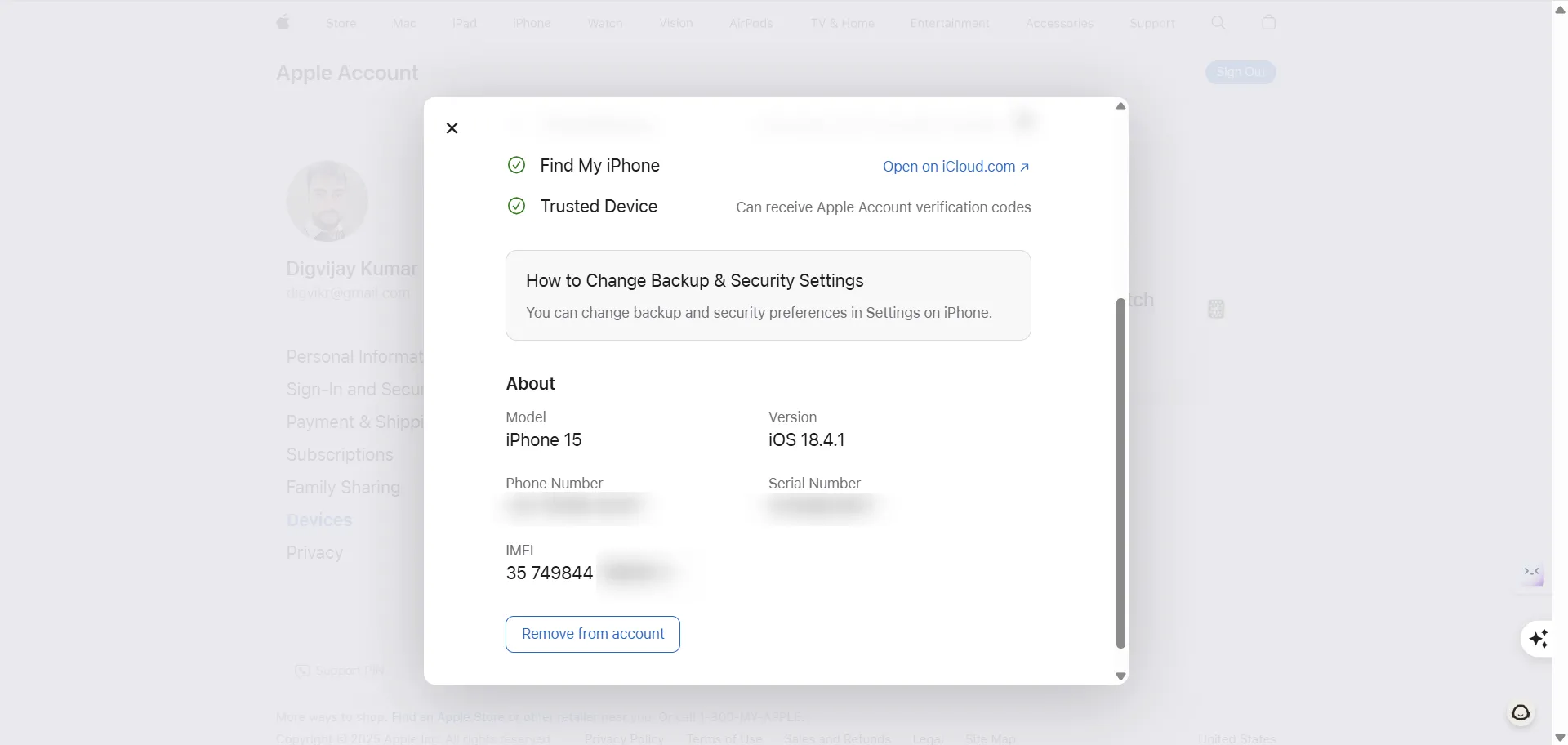 Xem số IMEI iPhone từ trang quản lý thiết bị trong tài khoản Apple ID