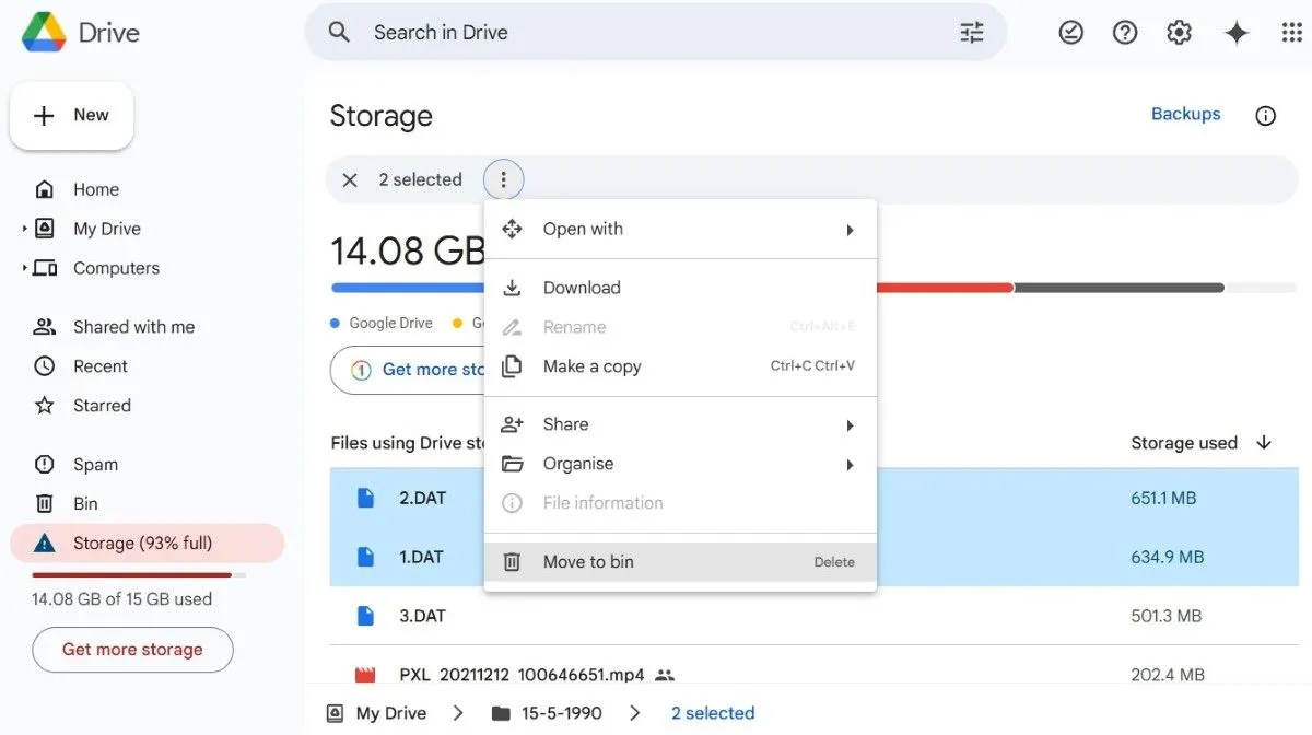 Xóa các tệp kích thước lớn trong Google Drive qua mục Lưu trữ