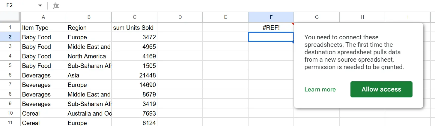 Yêu cầu cấp quyền truy cập bảng tính ngoài khi dùng IMPORTRANGE kết hợp QUERY trong Google Sheets