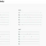 Bản tablature guitar cho giai điệu được tạo bởi ChatGPT dựa trên các hợp âm đã cho.