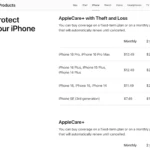 Bảng giá dịch vụ bảo hành mở rộng AppleCare+ hiển thị chi phí cho các mẫu iPhone khác nhau, minh họa sự đa dạng về mức giá tùy thuộc vào model thiết bị.