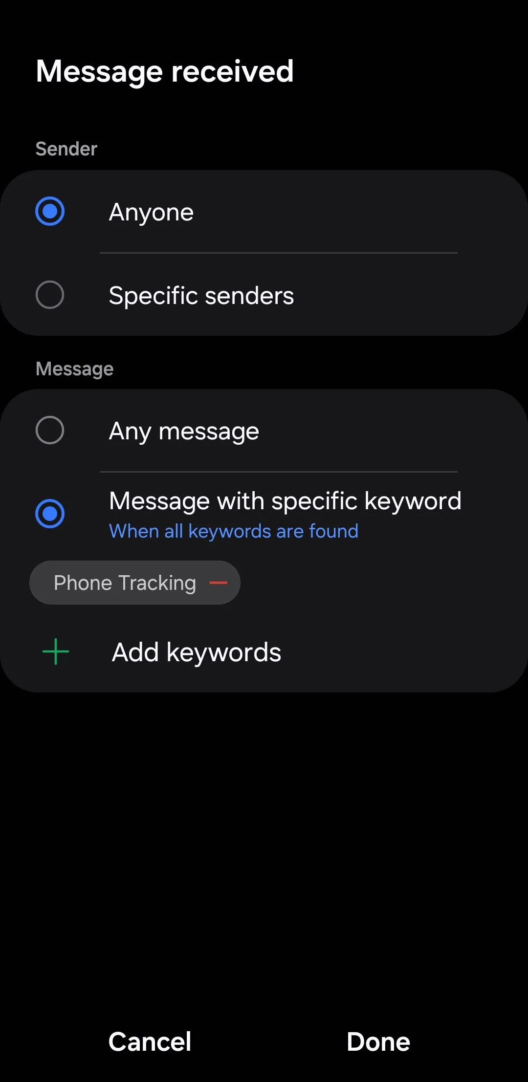 Cài đặt điều kiện "Tin nhắn nhận được" trong tính năng Chế độ và Quy trình của Samsung, hiển thị tùy chọn "Tin nhắn với từ khóa cụ thể" để kích hoạt định vị điện thoại.