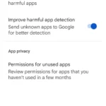 Cài đặt Google Play Protect trên Google Play Store hiển thị tùy chọn quét ứng dụng và quản lý quyền.