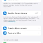 Cài đặt quyền riêng tư và bảo mật trên iPhone với tùy chọn Analytics & Improvements được chọn
