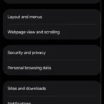 Cài đặt ứng dụng Samsung Internet trên điện thoại Galaxy, hiển thị các tùy chọn tùy chỉnh và bảo mật.