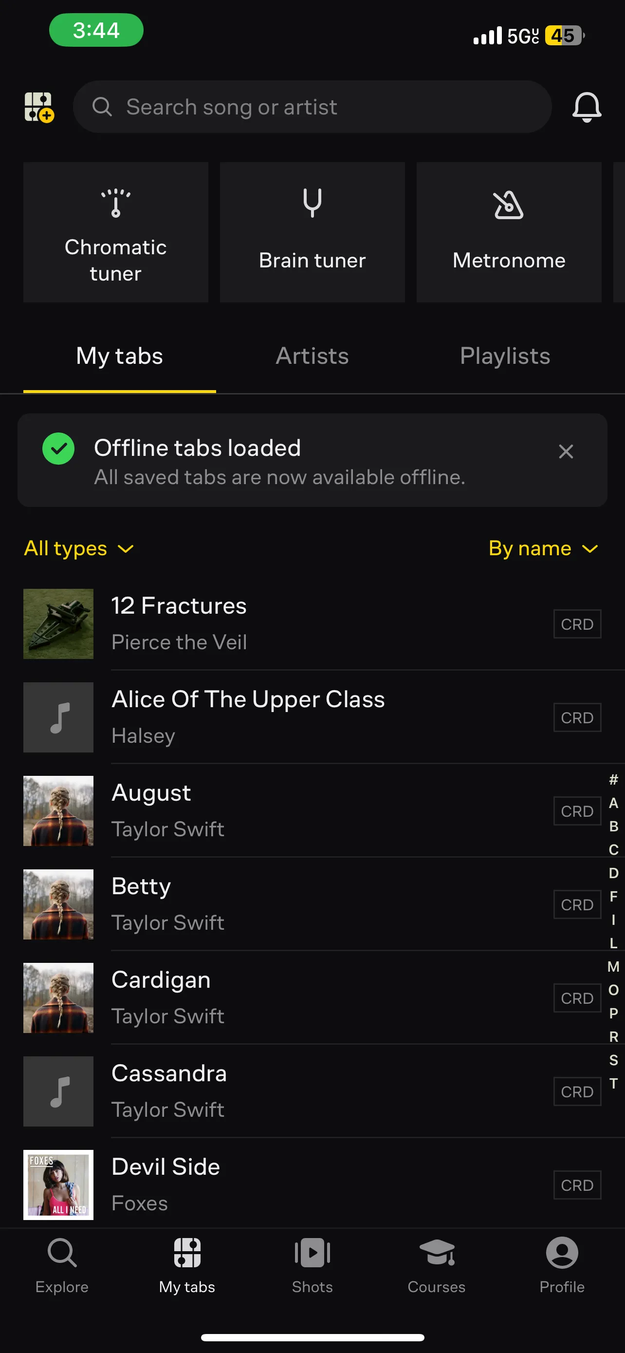 Danh sách các tab và bài hát đã lưu của người dùng trên Ultimate Guitar