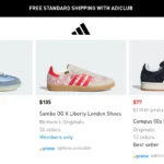 Dãy giày thể thao Adidas nữ với logo Buy with Prime hiển thị bên dưới