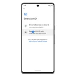 Điện thoại Android hiển thị giao diện Google Wallet với tùy chọn thêm hộ chiếu và ID số hóa