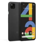 Điện thoại Google Pixel 4a màu đen nhìn từ mặt trước và mặt sau, minh họa thiết kế nhỏ gọn