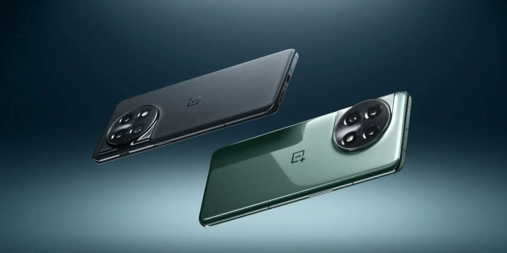 Điện thoại OnePlus 11 màu đen và xanh lá cây, minh họa thiết kế cao cấp và vị trí nút bấm