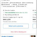 Giao diện Booking.com hiển thị các tùy chọn loại phòng và chính sách hủy miễn phí