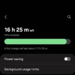 Giao diện cài đặt Pin trên điện thoại Samsung, hiển thị mục 'Giới hạn sử dụng nền'
