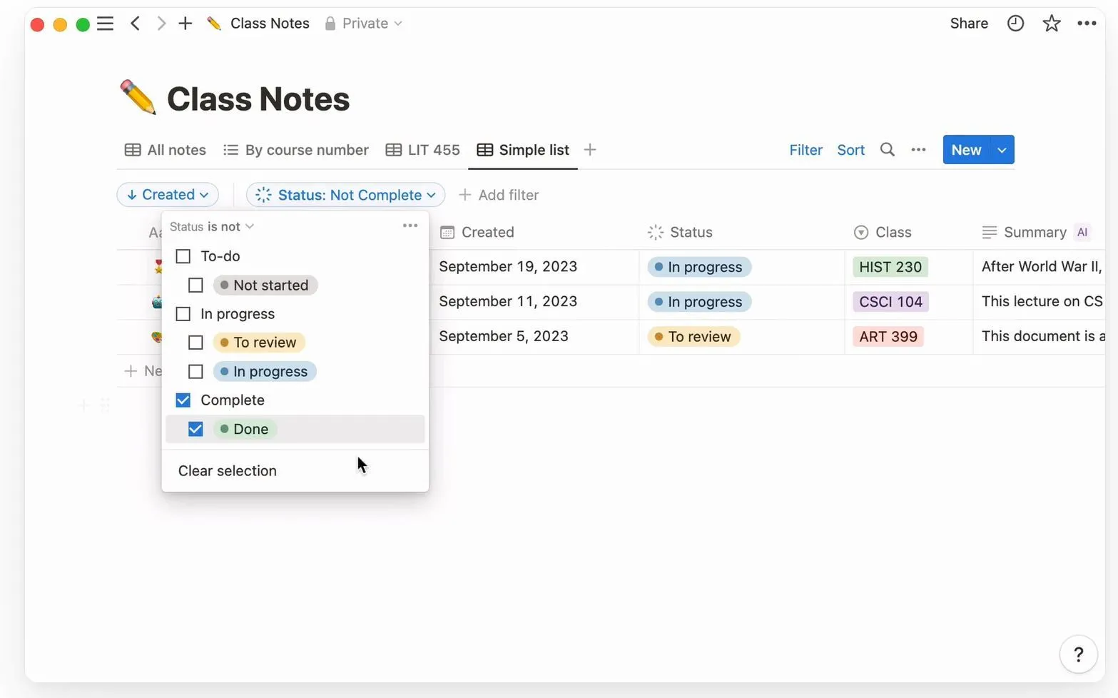 Giao diện cơ sở dữ liệu Notion với các ghi chú bài giảng đại học, minh họa sự phức tạp của công cụ quản lý kiến thức cá nhân