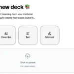 Giao diện FlashKa hiển thị các tùy chọn tạo bộ flashcard mới bao gồm PDF, Describe, Text, và Manual.