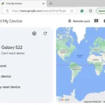 Giao diện Google Tìm Thiết Bị của tôi hiển thị lỗi "Không thể tiếp cận thiết bị" khi điện thoại Samsung bị mất không có kết nối mạng.