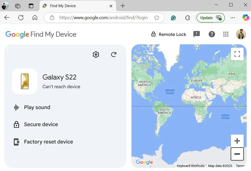 Giao diện Google Tìm Thiết Bị của tôi hiển thị lỗi "Không thể tiếp cận thiết bị" khi điện thoại Samsung bị mất không có kết nối mạng.