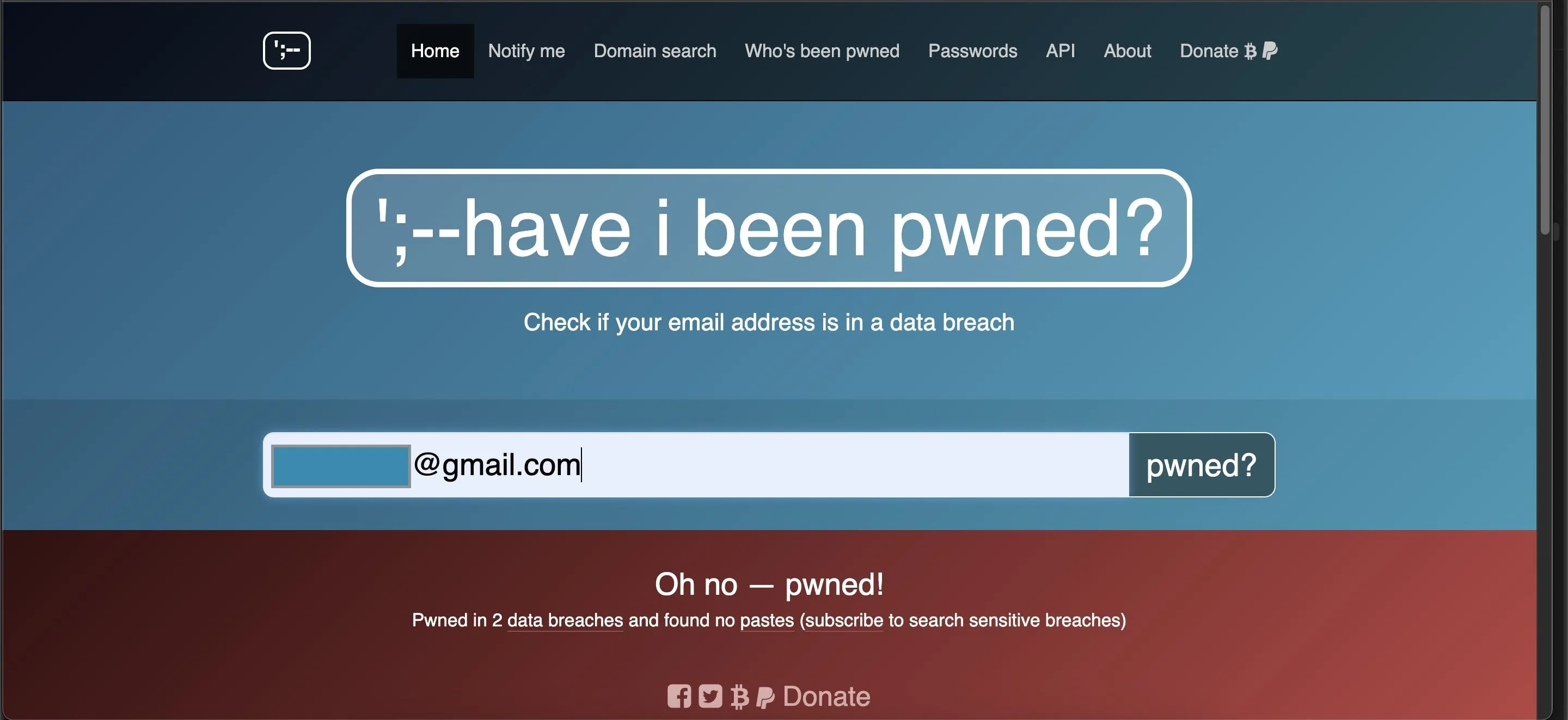 Giao diện kết quả tìm kiếm trên Have I Been Pwned, cảnh báo dữ liệu bị rò rỉ.