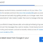 Giao diện tab Quản lý Đăng ký mới của Gmail trên nền web, hiển thị danh sách người gửi và tùy chọn hủy đăng ký email.
