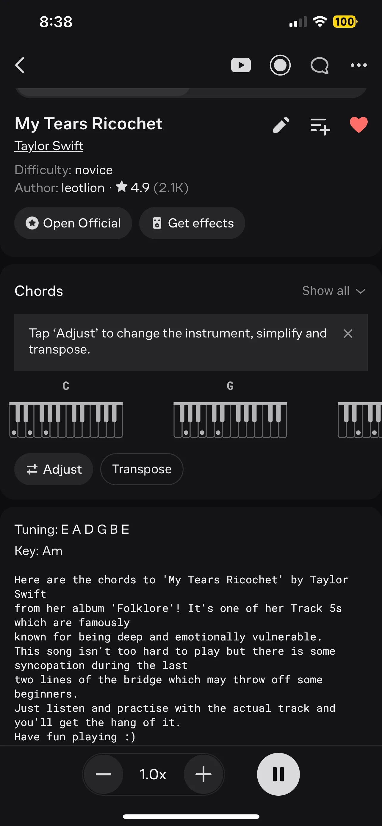 Giao diện tính năng tự động cuộn trên Ultimate Guitar với bài My Tears Ricochet của Taylor Swift